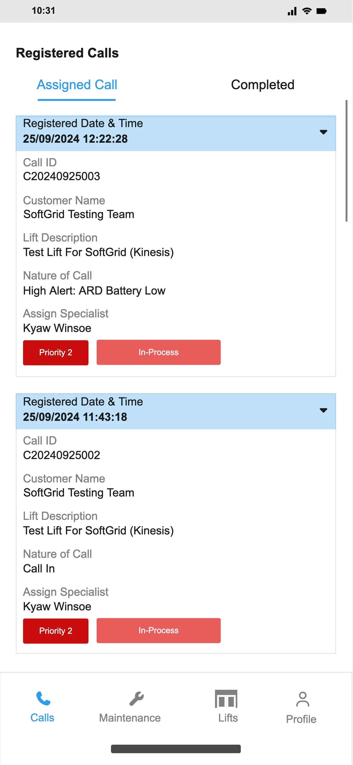 LiftProf Assigned Calls
